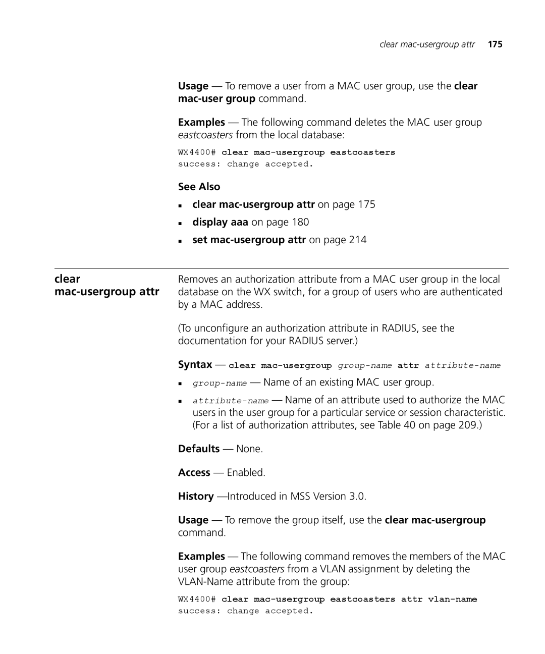 3Com 3CRWX120695A, 3CRWX440095A manual Mac-usergroup attr, Mac-user group command, „ clear mac-usergroup attr on 