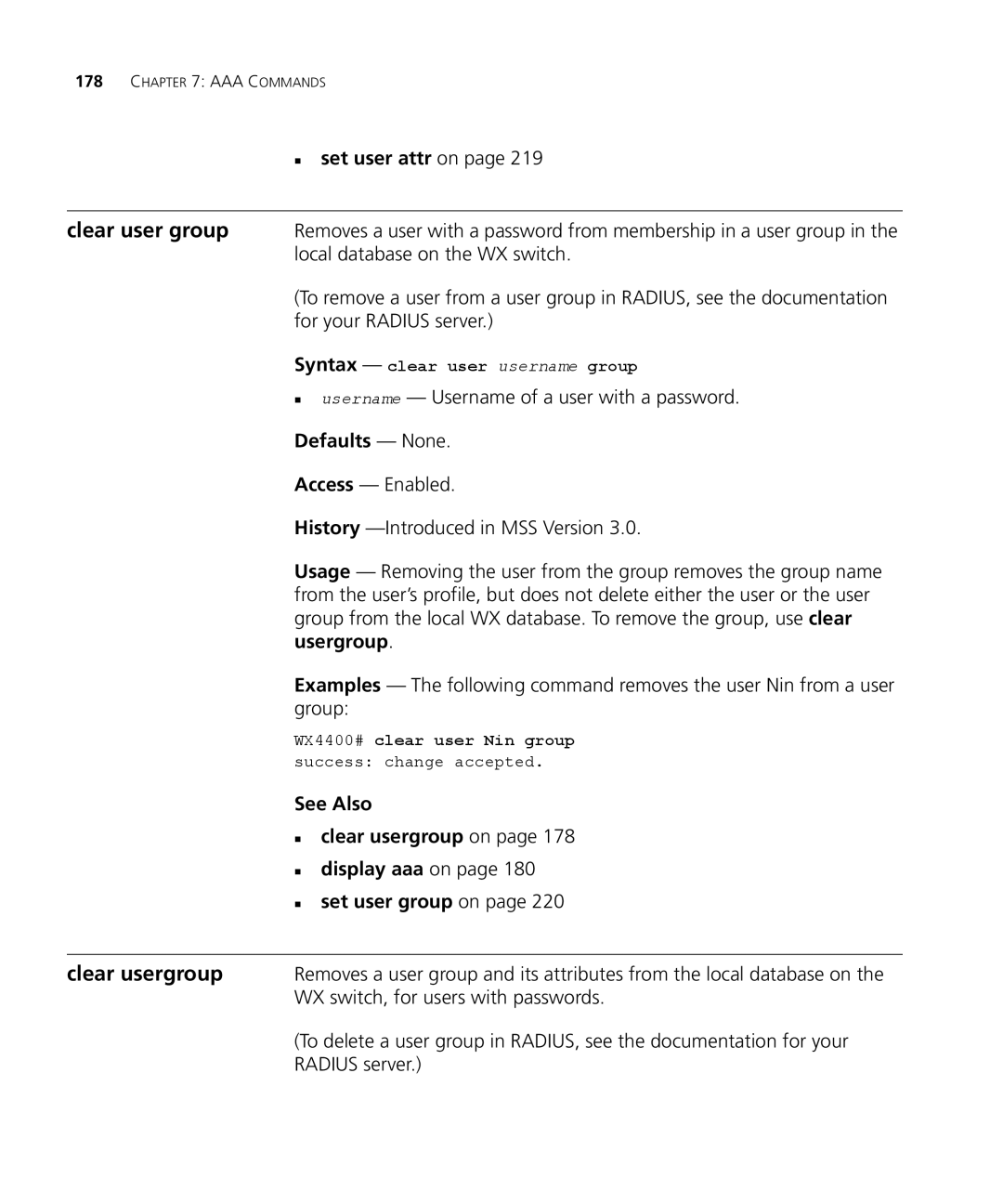 3Com 3CRWX440095A, 3CRWX120695A manual Clear user group, Clear usergroup 