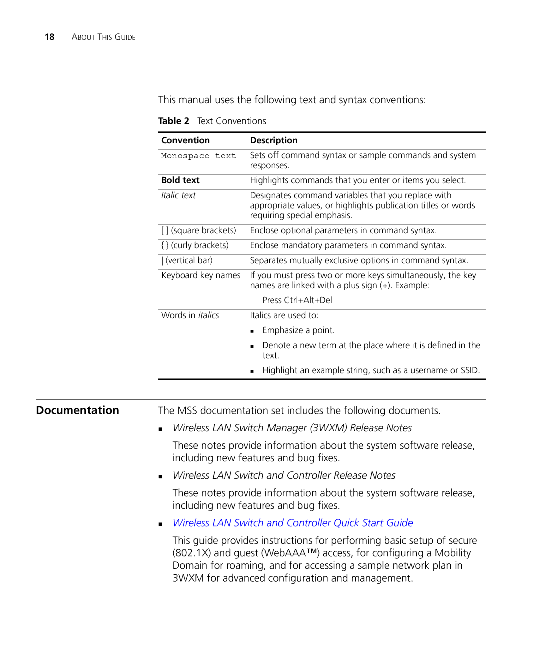 3Com 3CRWX440095A, 3CRWX120695A manual Documentation, „ Wireless LAN Switch Manager 3WXM Release Notes 