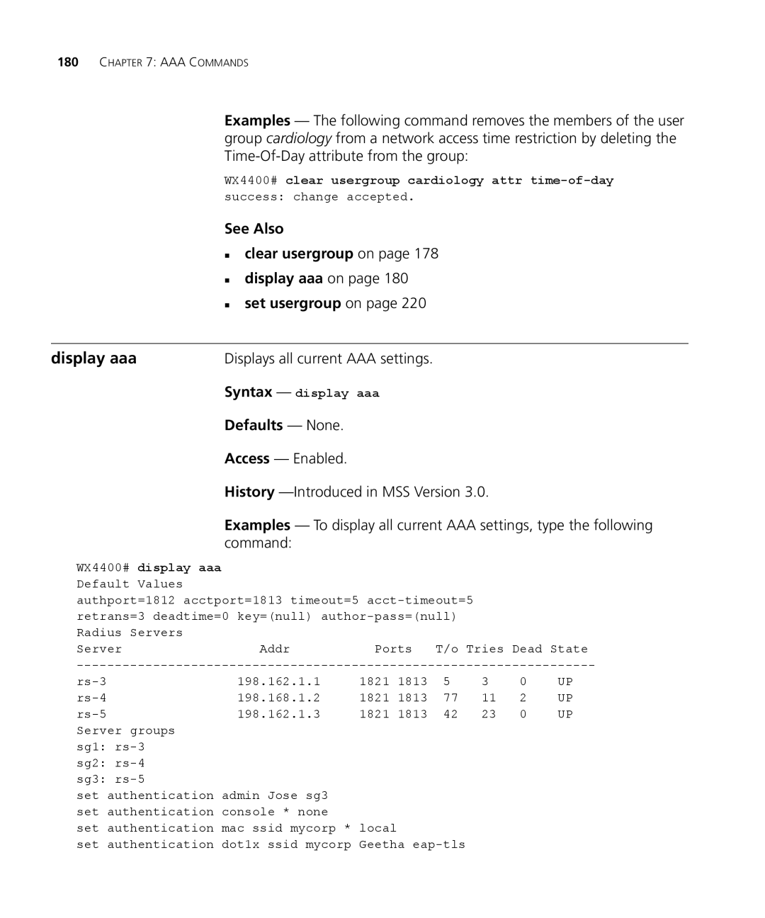 3Com 3CRWX440095A, 3CRWX120695A manual Display aaa, Time-Of-Day attribute from the group, Displays all current AAA settings 