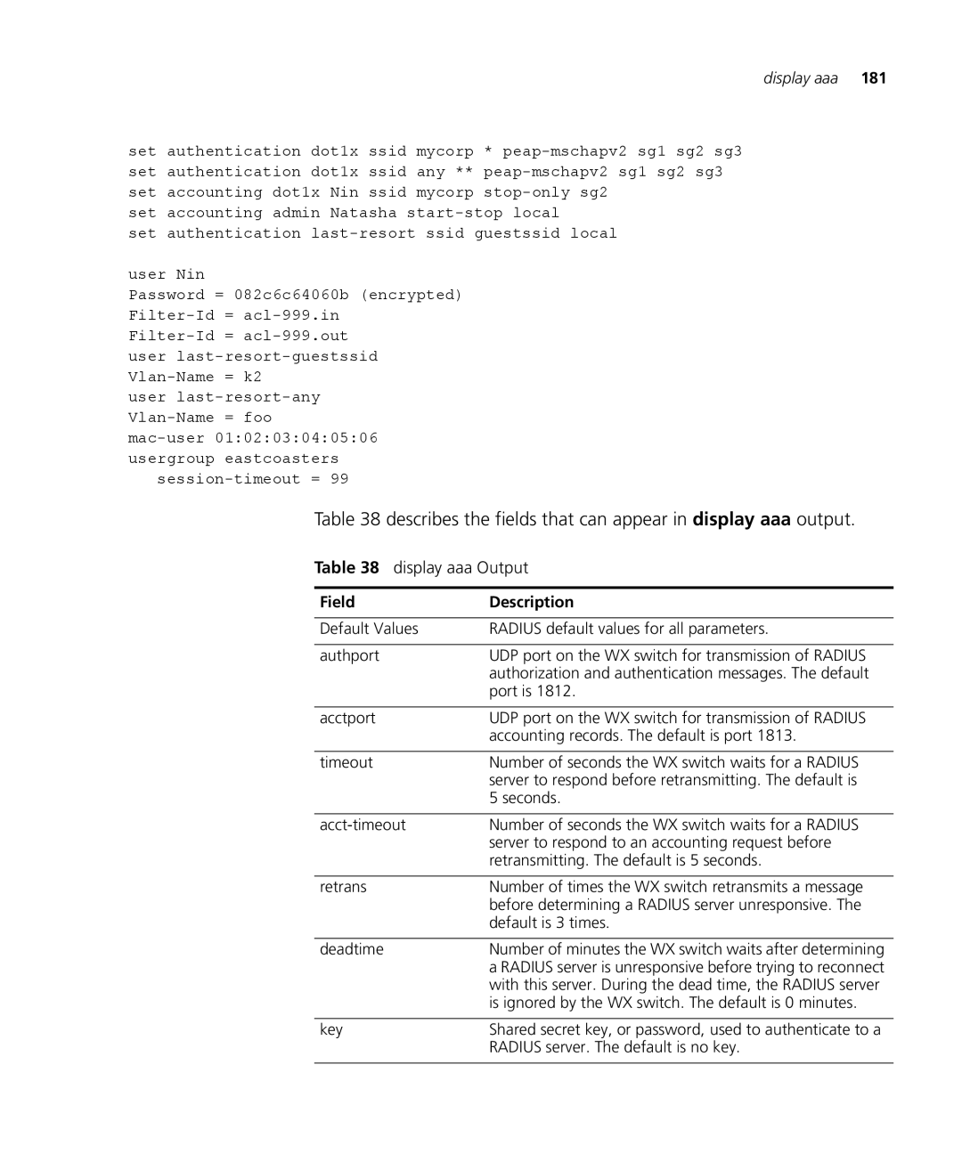 3Com 3CRWX120695A, 3CRWX440095A manual Describes the fields that can appear in display aaa output, Display aaa Output 