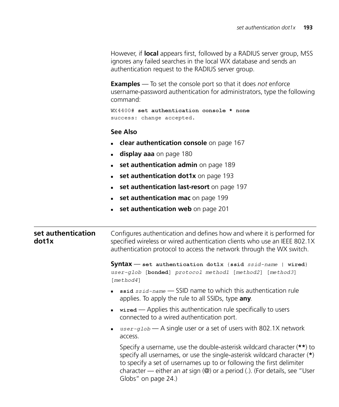 3Com 3CRWX120695A, 3CRWX440095A manual Syntax set authentication dot1x ssid ssid-namewired 