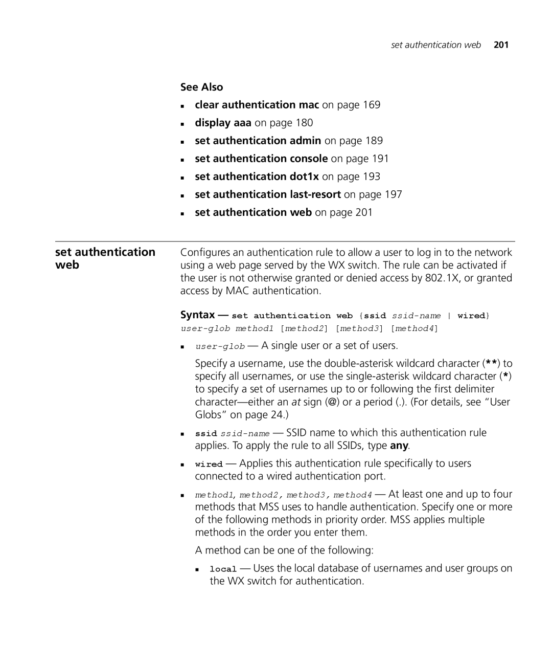 3Com 3CRWX120695A, 3CRWX440095A manual Syntax set authentication web ssid ssid-namewired 