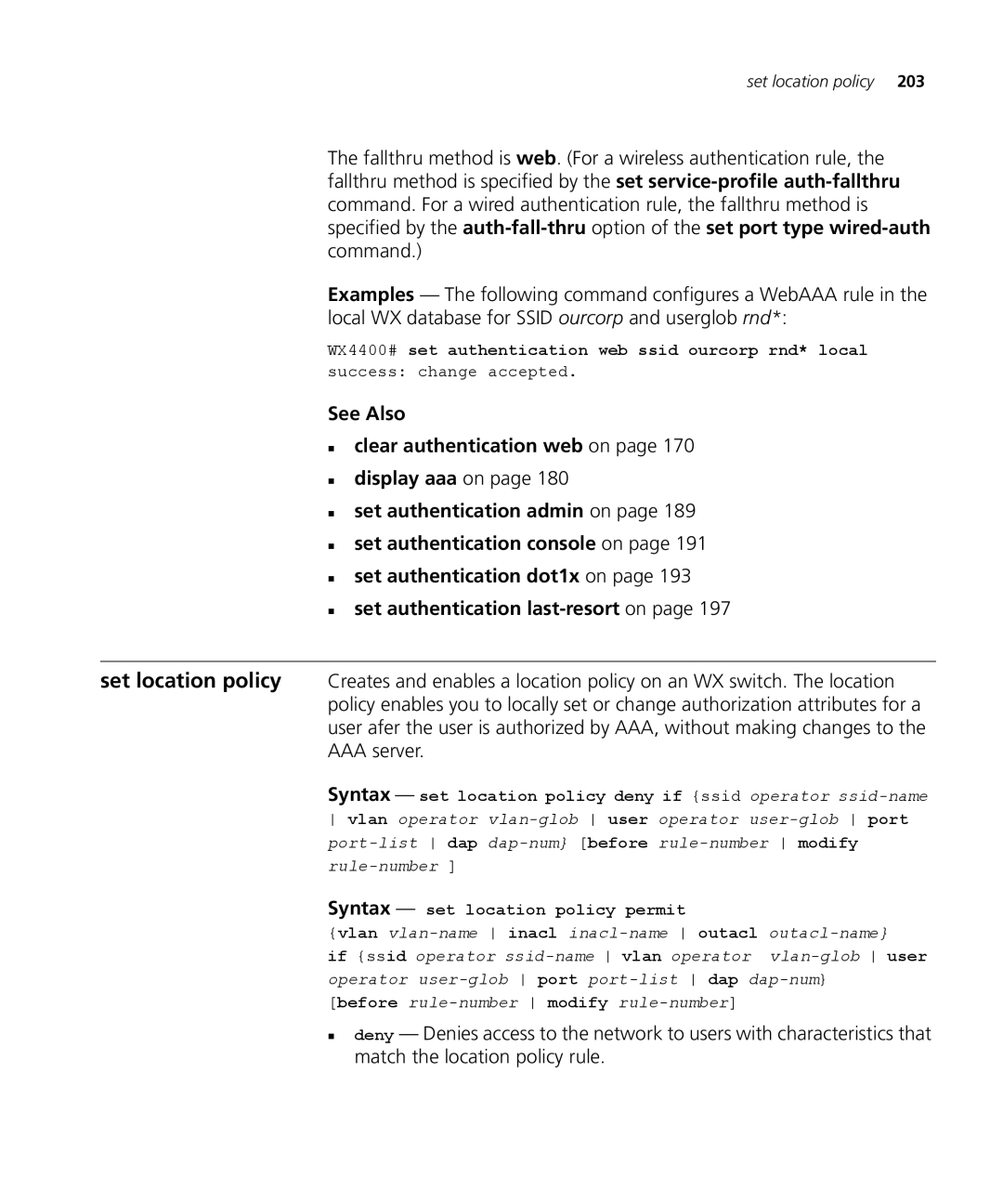 3Com 3CRWX120695A, 3CRWX440095A manual Set location policy 