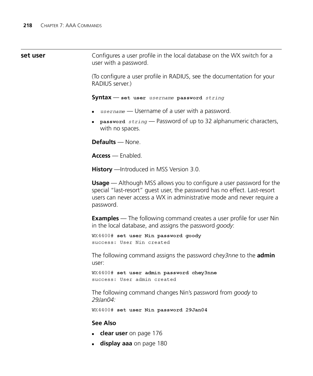 3Com 3CRWX440095A, 3CRWX120695A manual Set user, 29Jan04, See Also „ clear user on „ display aaa on 