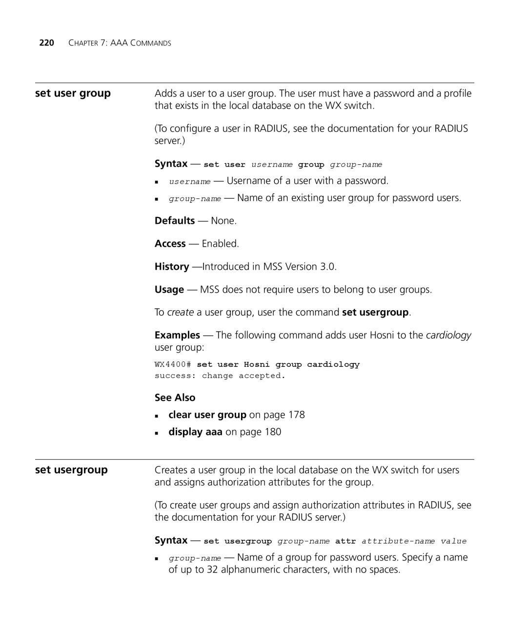 3Com 3CRWX440095A, 3CRWX120695A manual Set user group, Set usergroup, „ clear user group on 