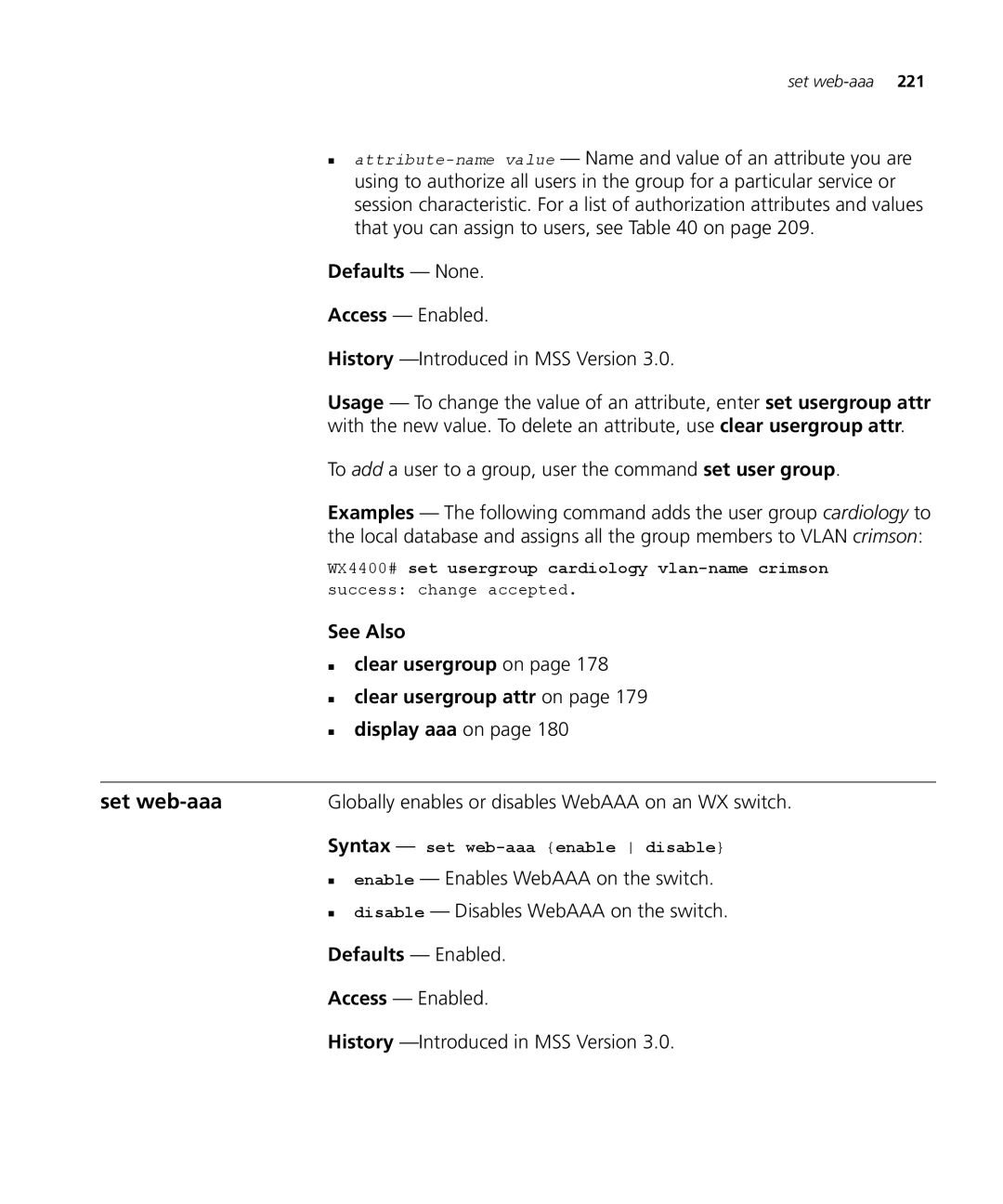 3Com 3CRWX120695A, 3CRWX440095A manual Set web-aaa, To add a user to a group, user the command set user group 