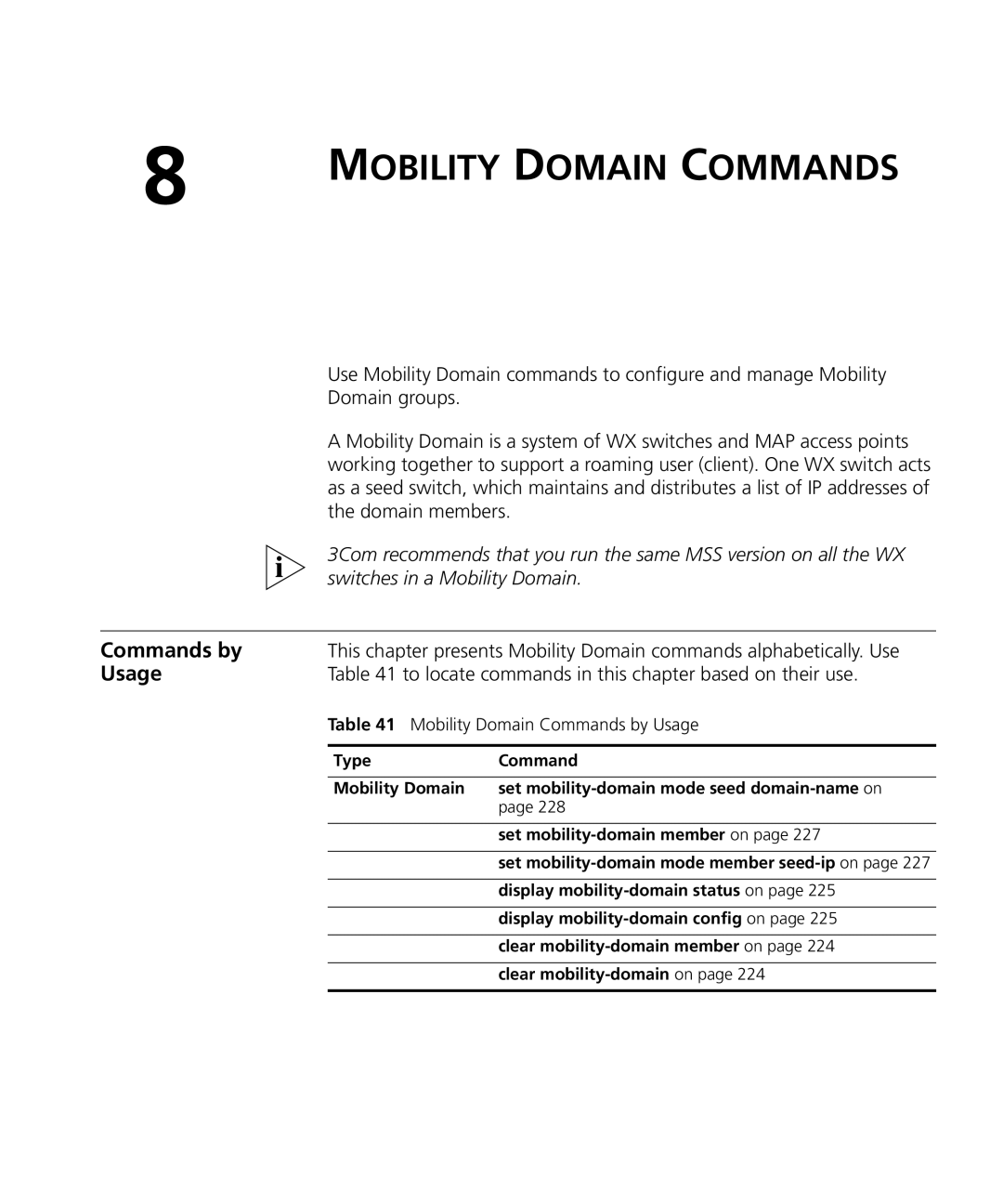 3Com 3CRWX120695A, 3CRWX440095A To locate commands in this chapter based on their use, Mobility Domain Commands by Usage 