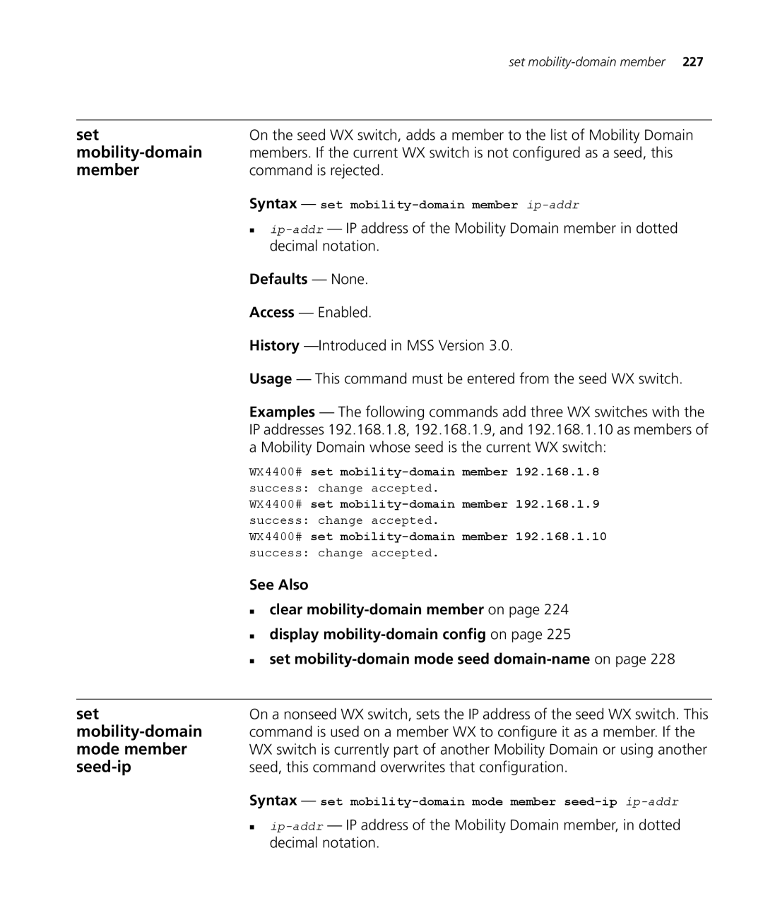 3Com 3CRWX120695A, 3CRWX440095A manual Set, Mode member, Seed-ip, „ display mobility-domain config on 