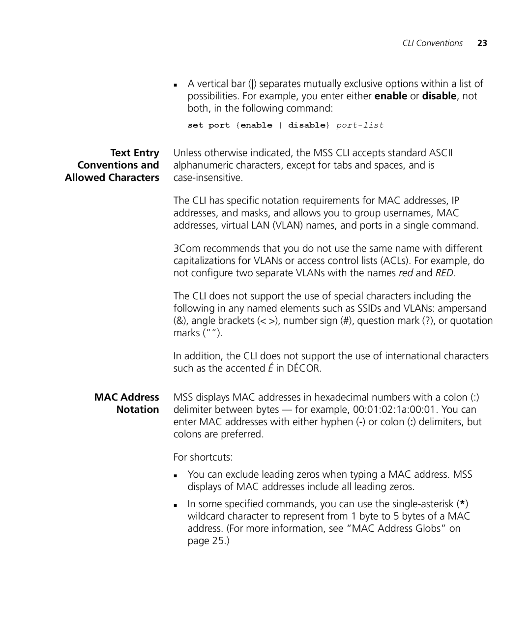 3Com 3CRWX120695A, 3CRWX440095A manual Text Entry, Conventions, MAC Address, Notation 