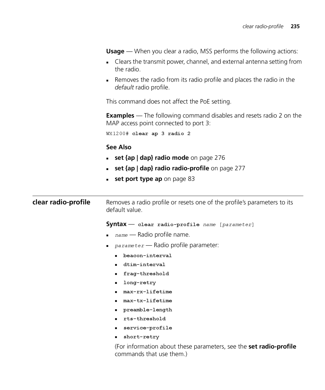 3Com 3CRWX120695A, 3CRWX440095A manual WX1200# clear ap 3 radio, Syntax clear radio-profile name parameter 