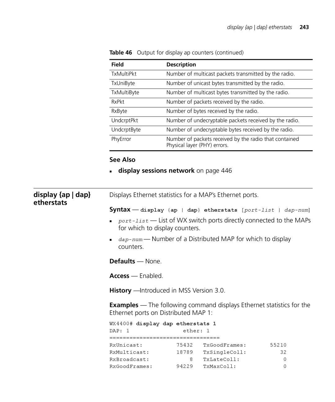 3Com 3CRWX120695A, 3CRWX440095A See Also „ display sessions network on, Syntax display ap dap etherstats port-listdap-num 