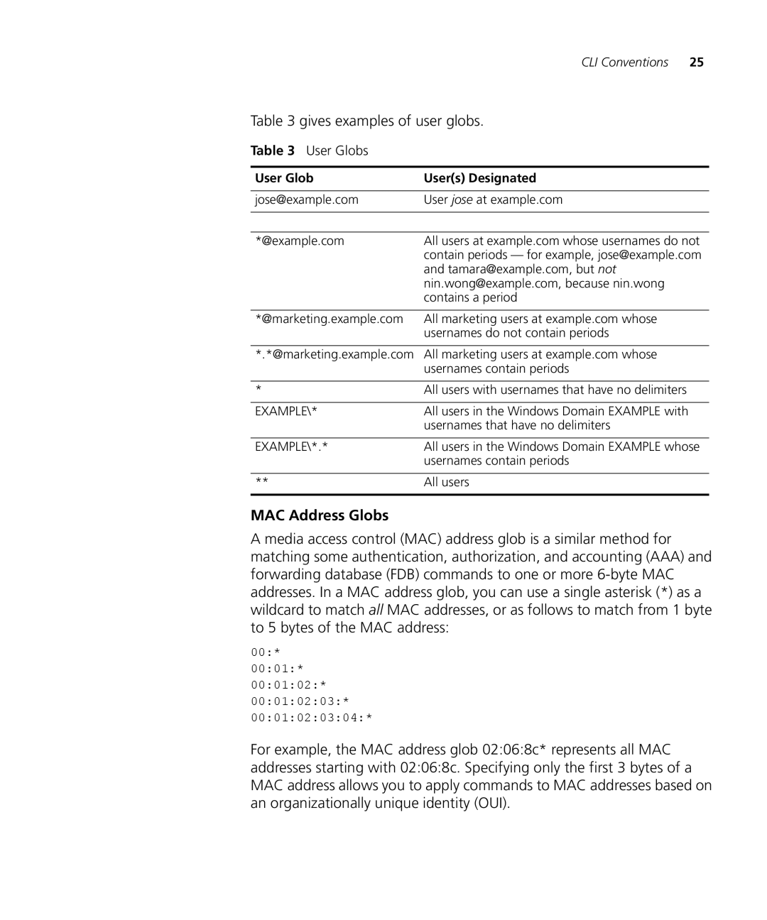 3Com 3CRWX120695A, 3CRWX440095A manual Gives examples of user globs, MAC Address Globs, User Globs 