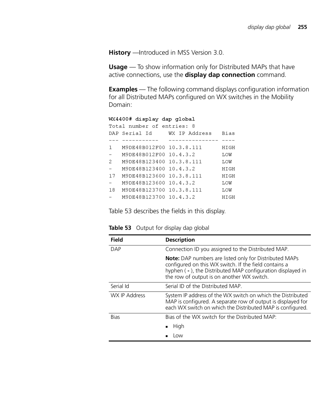 3Com 3CRWX120695A, 3CRWX440095A manual Output for display dap global, WX4400# display dap global 