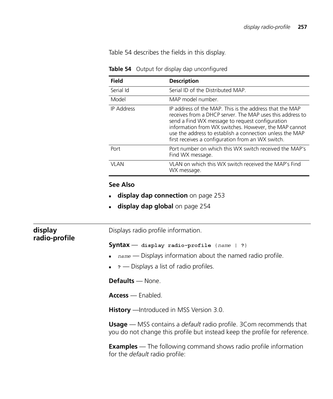 3Com 3CRWX120695A, 3CRWX440095A manual Describes the fields in this display, Displays radio profile information 