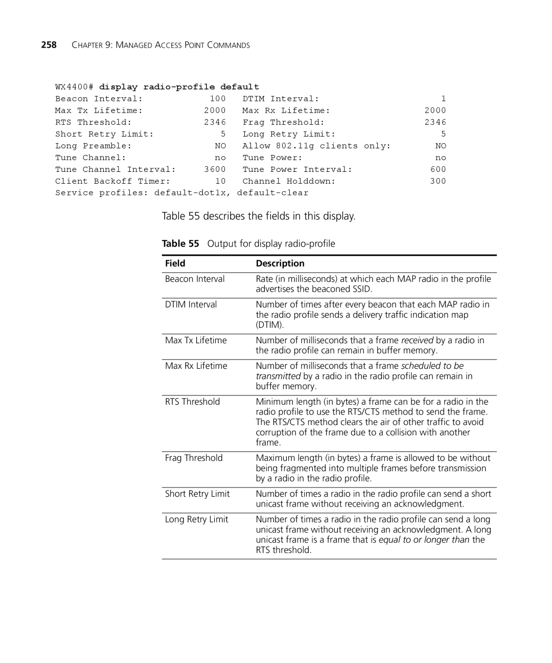 3Com 3CRWX440095A, 3CRWX120695A manual Output for display radio-profile, WX4400# display radio-profile default 