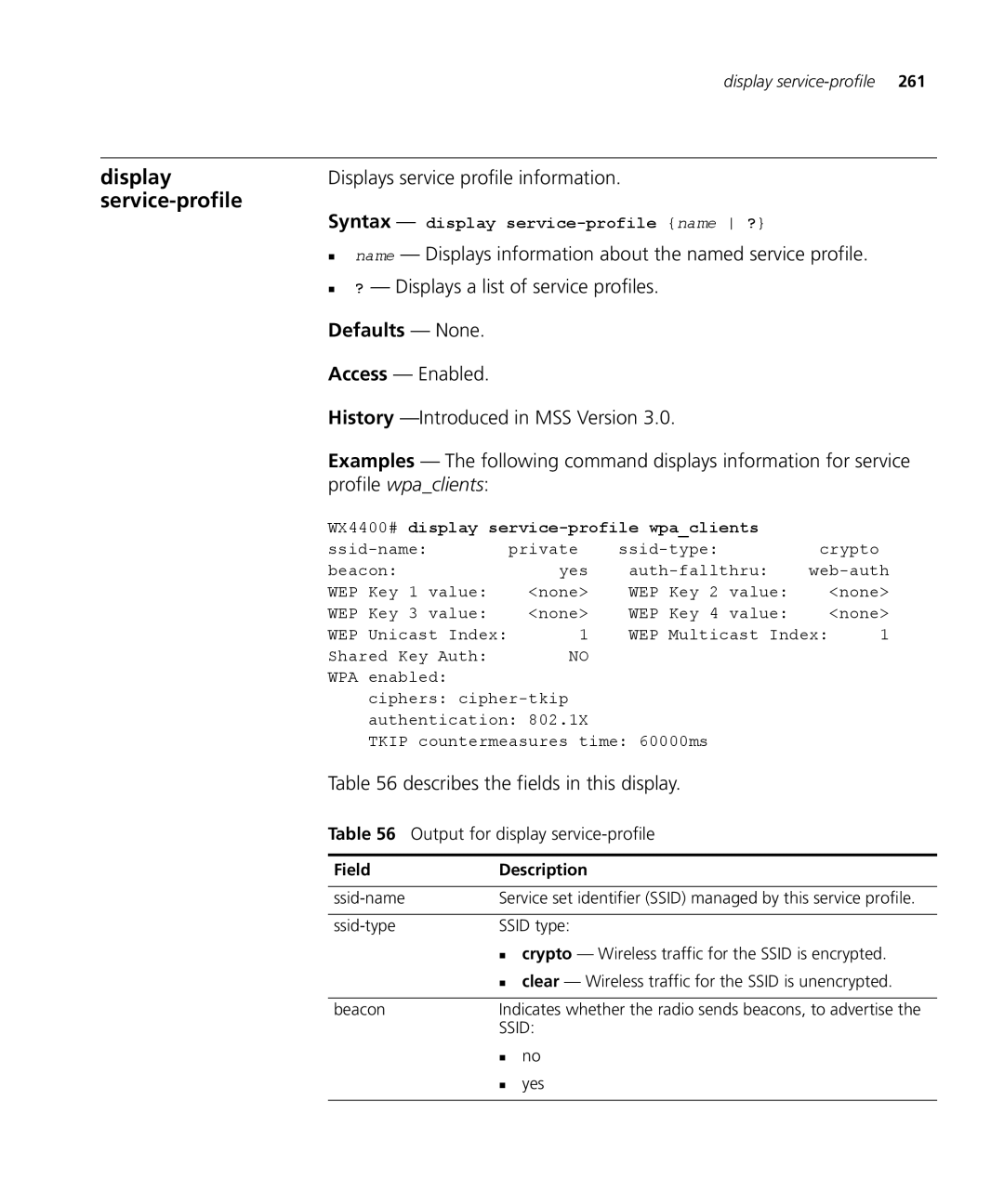 3Com 3CRWX120695A manual Service-profile, Displays service profile information, „ ? Displays a list of service profiles 