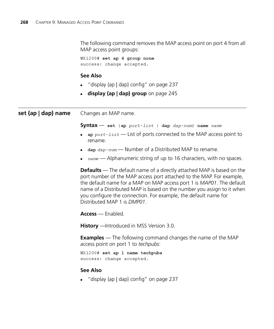 3Com 3CRWX440095A, 3CRWX120695A manual Set ap dap name Changes an MAP name, „ display ap dap group on 