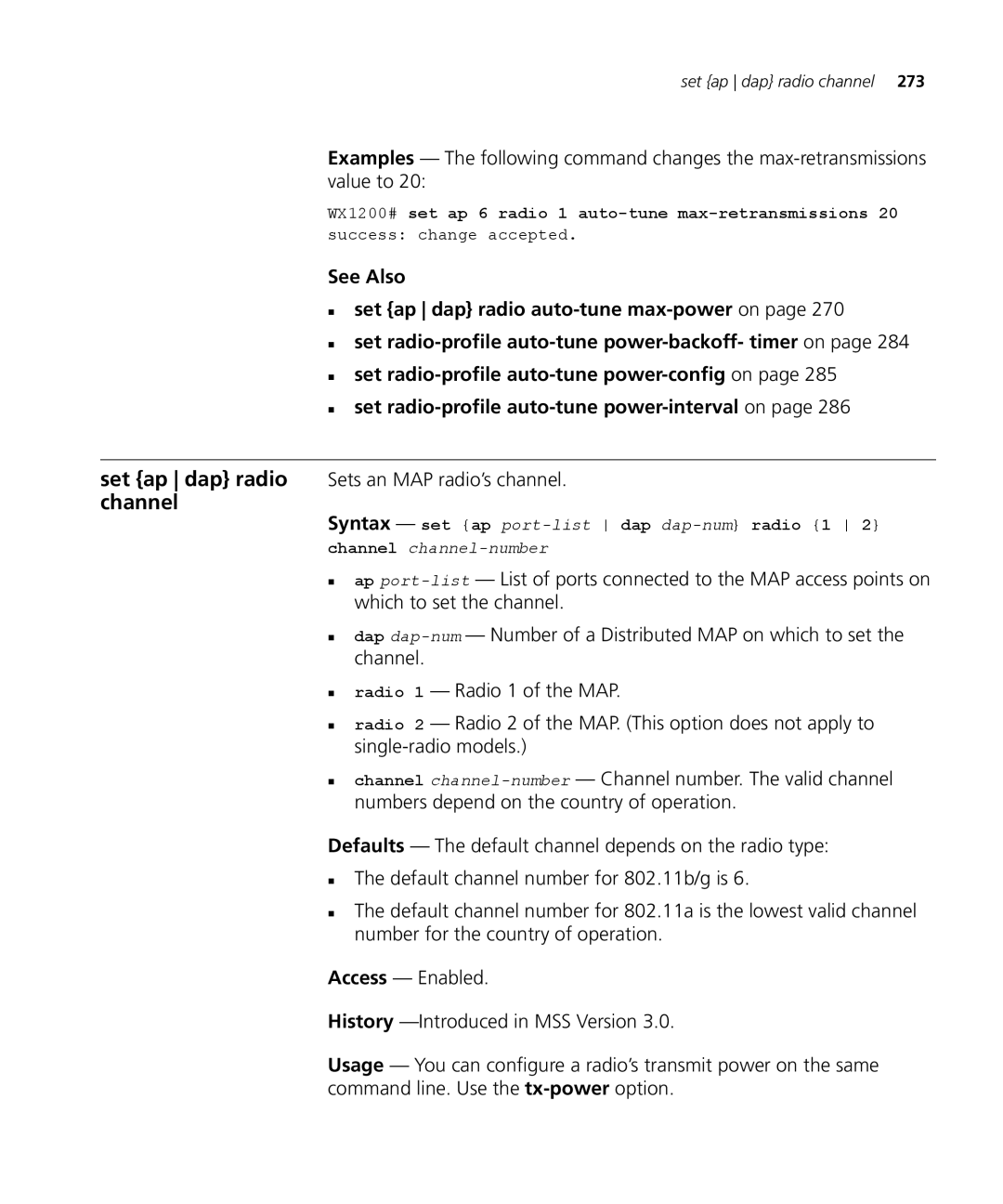 3Com 3CRWX120695A manual Set ap dap radio channel, Sets an MAP radio’s channel, Syntax set ap port-listdap dap-numradio 1 