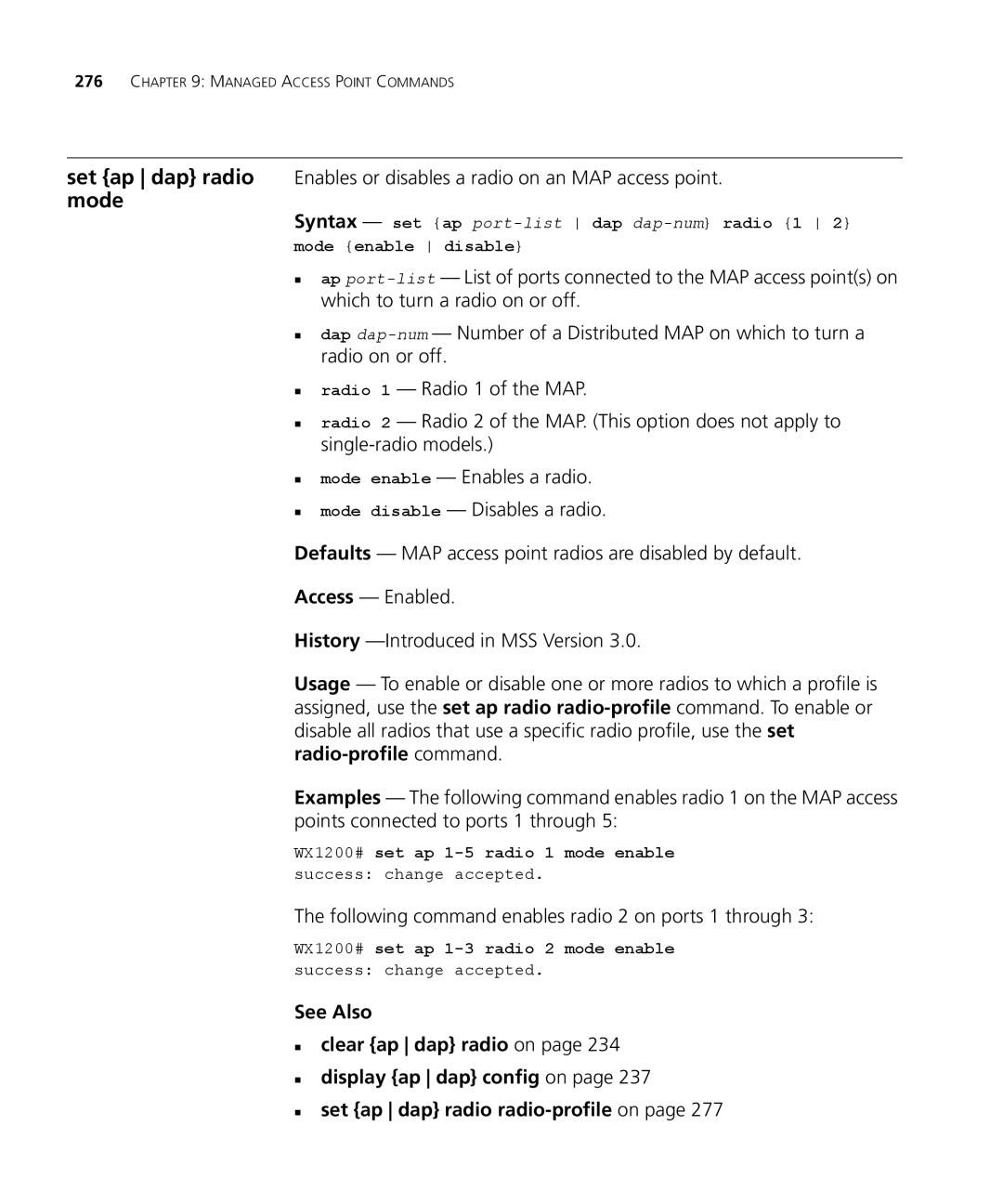 3Com 3CRWX440095A, 3CRWX120695A manual Set ap dap radio mode, Enables or disables a radio on an MAP access point 