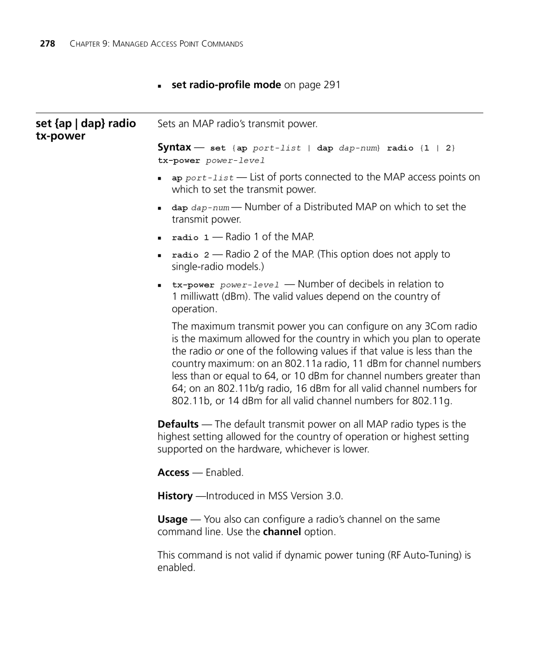 3Com 3CRWX440095A, 3CRWX120695A manual Set ap dap radio tx-power, Sets an MAP radio’s transmit power 