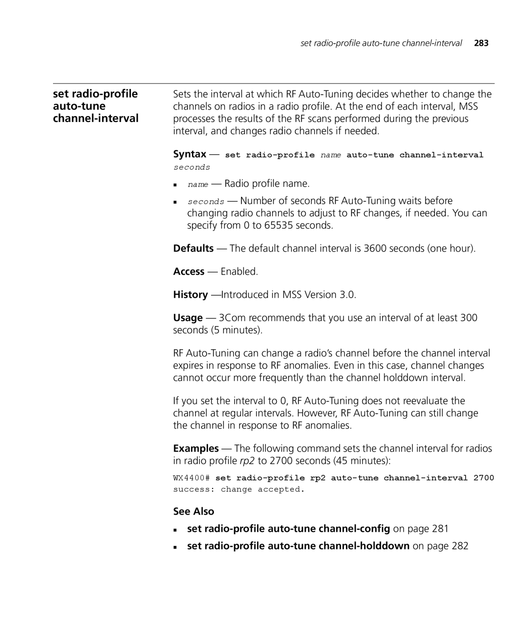 3Com 3CRWX120695A Set radio-profile auto-tune channel-interval, Syntax set radio-profile name auto-tune channel-interval 