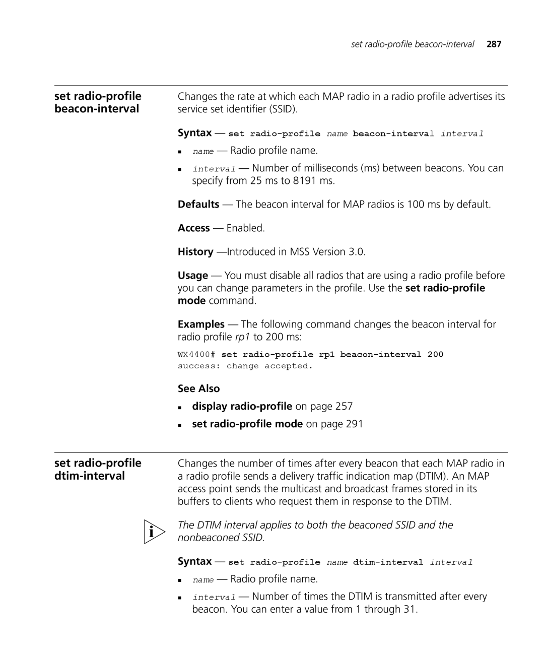 3Com 3CRWX120695A Beacon-interval, Service set identifier Ssid, Specify from 25 ms to 8191 ms, Radio profile rp1 to 200 ms 