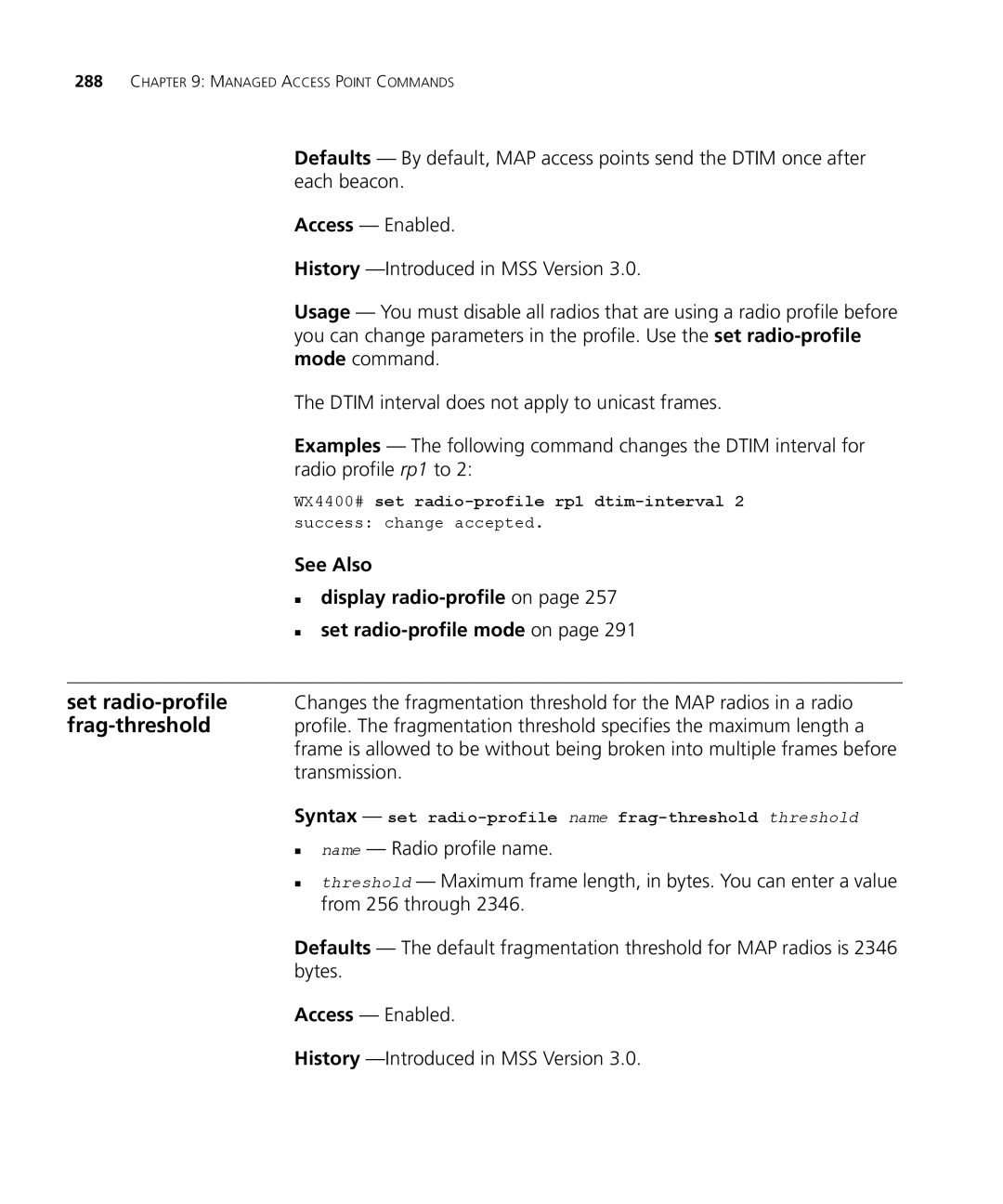 3Com 3CRWX440095A, 3CRWX120695A manual Syntax set radio-profile name frag-threshold threshold 