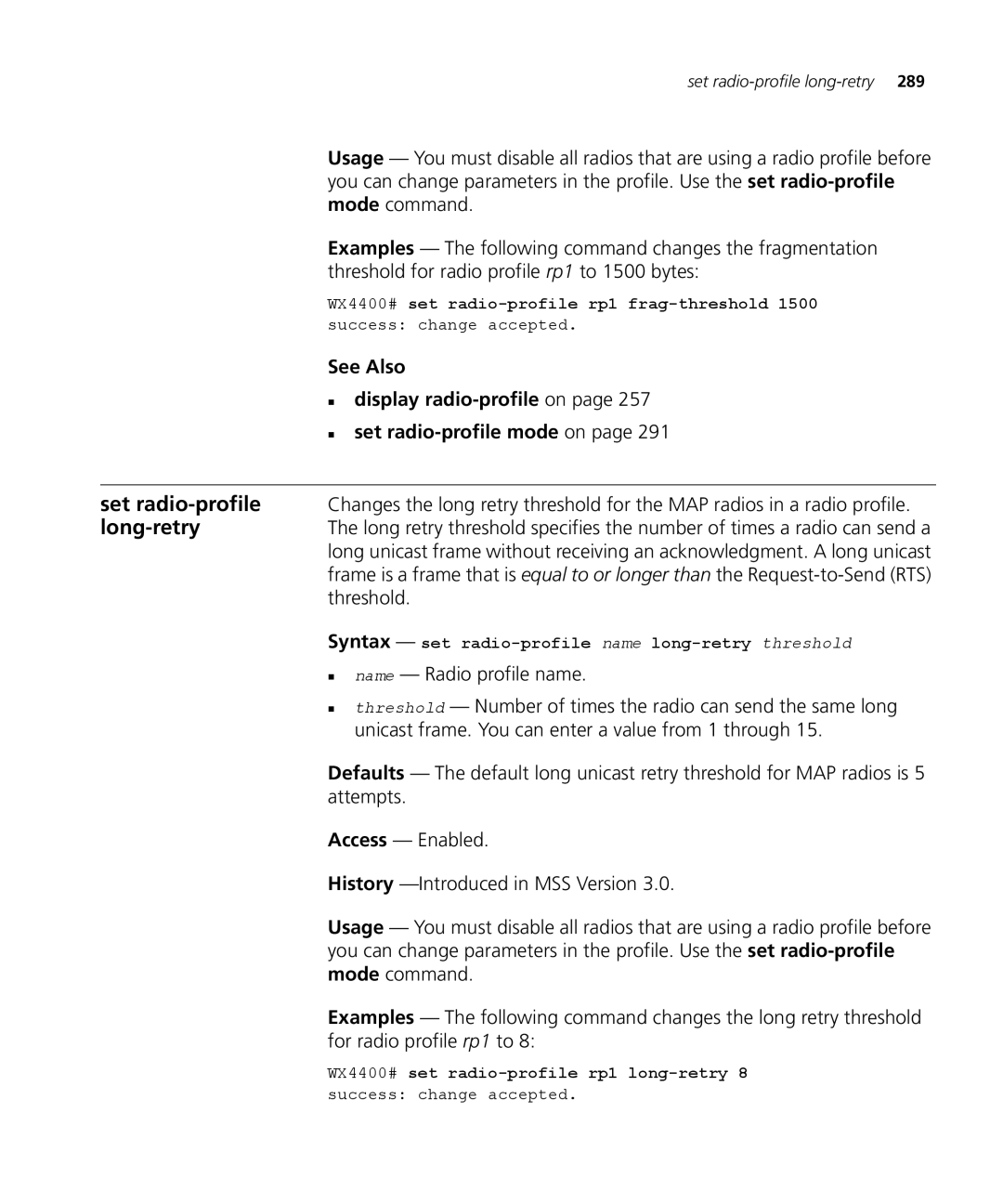 3Com 3CRWX120695A, 3CRWX440095A manual Syntax set radio-profile name long-retry threshold 