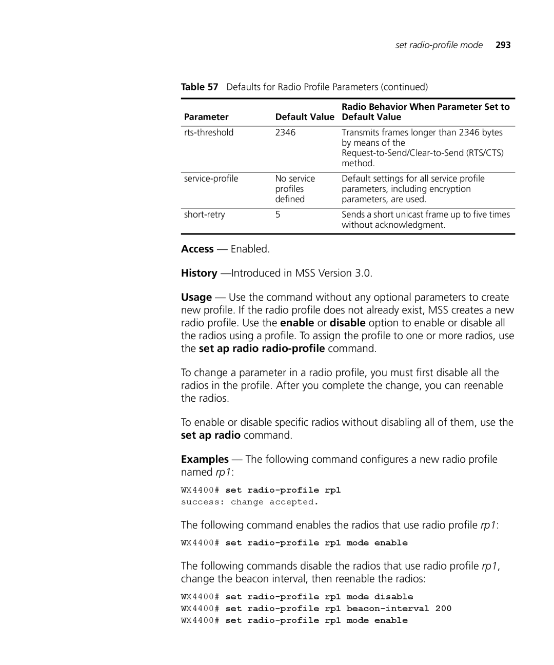3Com 3CRWX120695A manual WX4400# set radio-profile rp1 success change accepted, WX4400# set radio-profile rp1 mode enable 