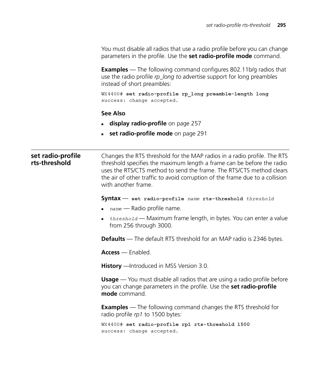 3Com 3CRWX120695A, 3CRWX440095A manual Syntax set radio-profile name rts-threshold threshold 