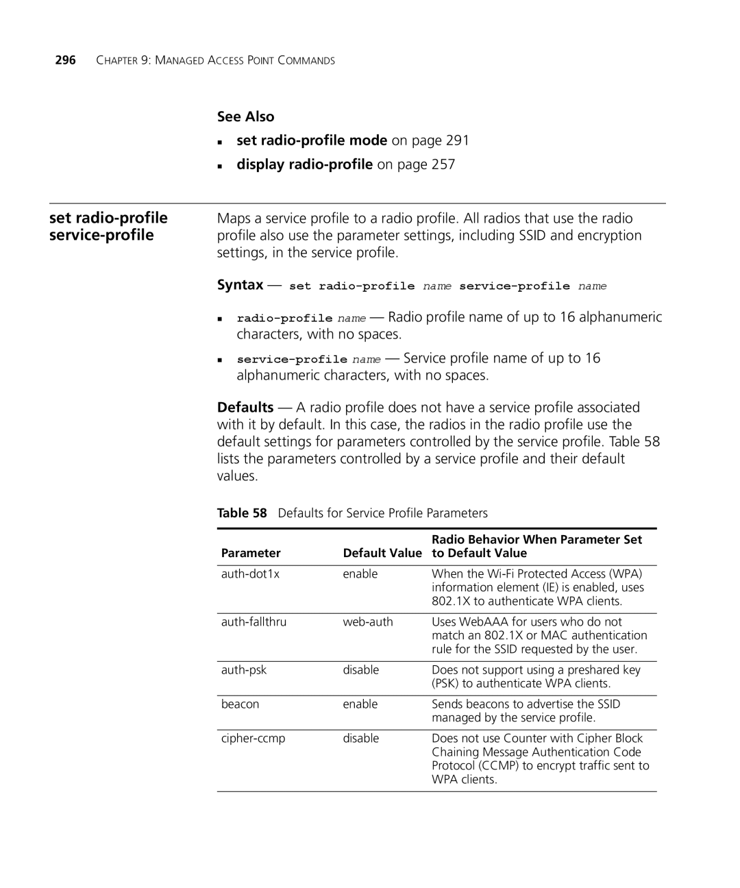 3Com 3CRWX440095A manual Defaults for Service Profile Parameters, Syntax set radio-profile name service-profile name 