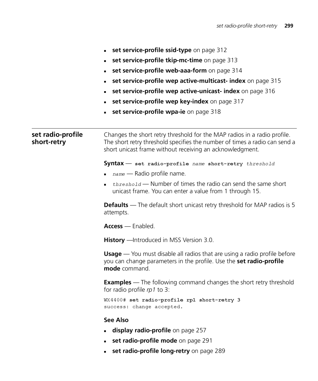 3Com 3CRWX120695A, 3CRWX440095A manual Syntax set radio-profile name short-retry threshold 