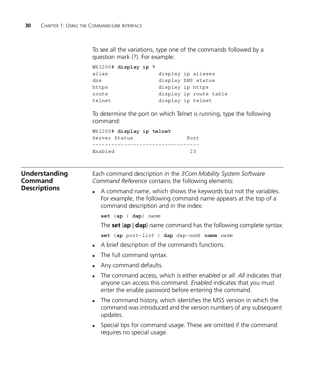 3Com 3CRWX440095A manual Understanding Command Descriptions, Set ap dap name command has the following complete syntax 