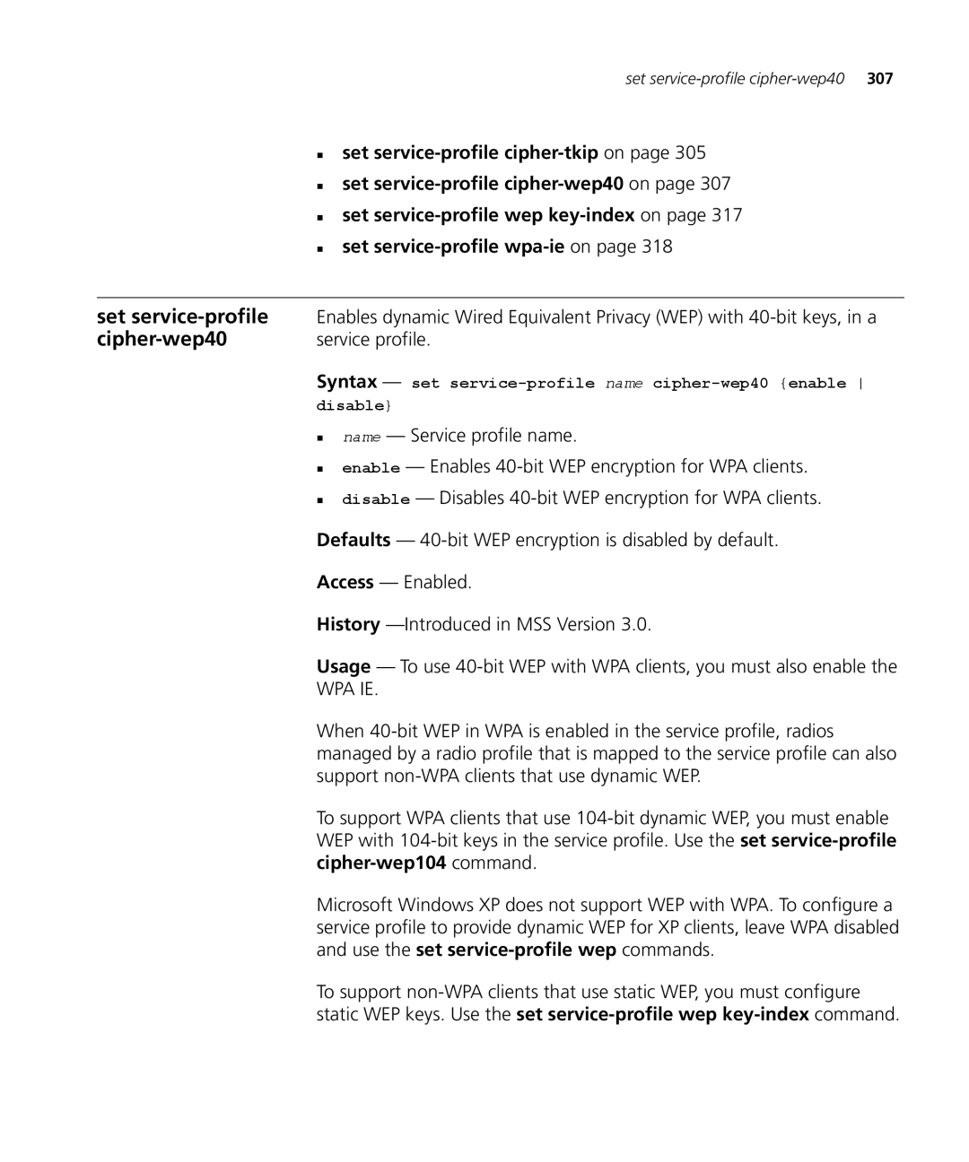 3Com 3CRWX120695A manual Cipher-wep40, „ enable Enables 40-bit WEP encryption for WPA clients, Cipher-wep104 command 