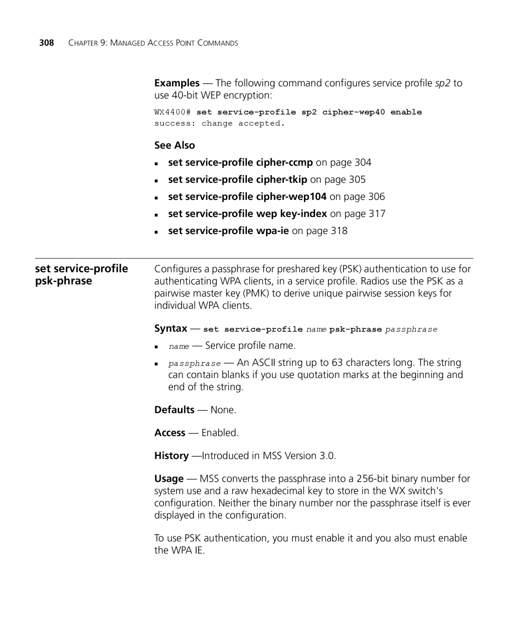 3Com 3CRWX440095A, 3CRWX120695A manual Defaults None, Syntax set service-profile name psk-phrase passphrase 