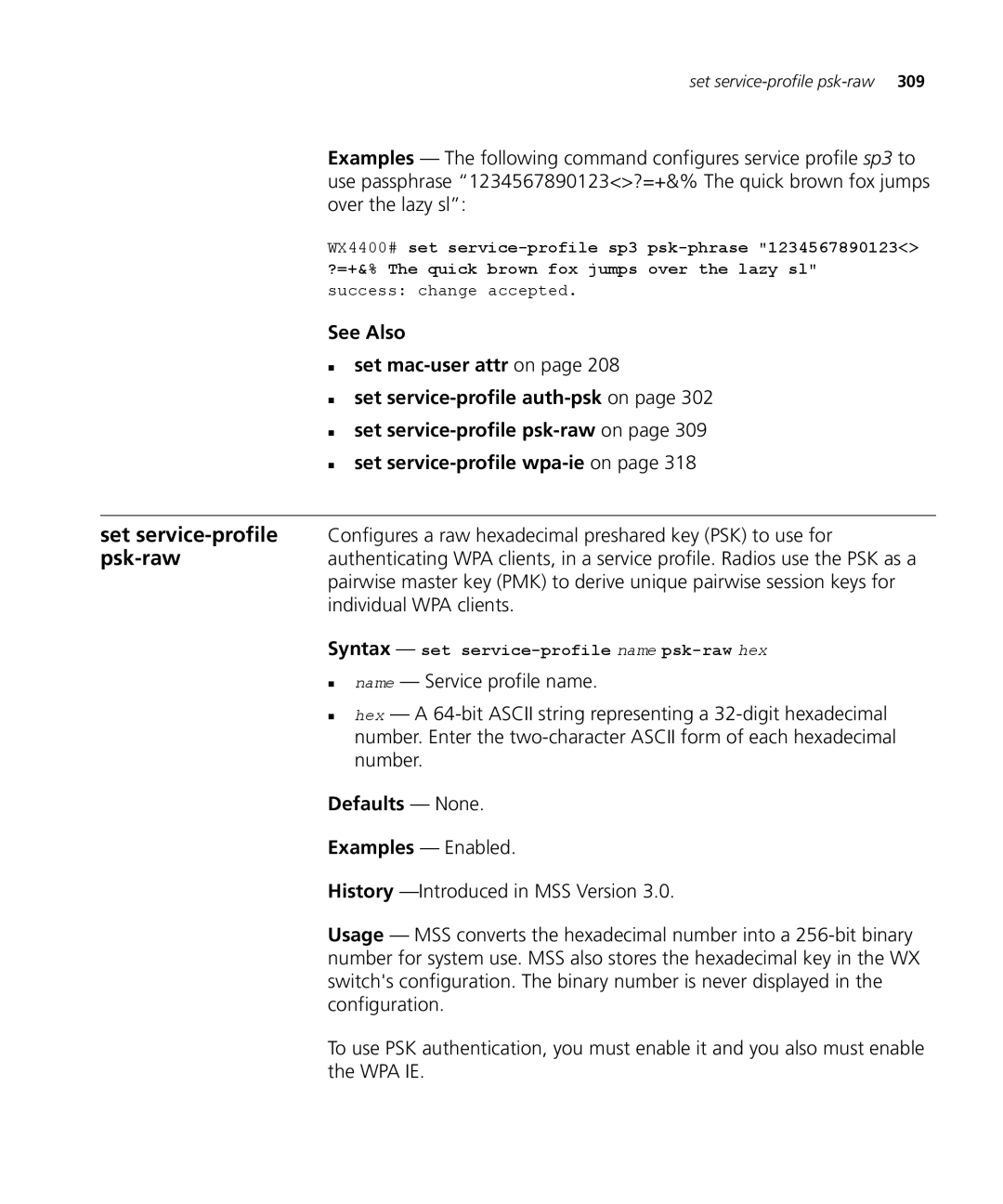 3Com 3CRWX120695A, 3CRWX440095A manual Syntax set service-profile name psk-raw hex 