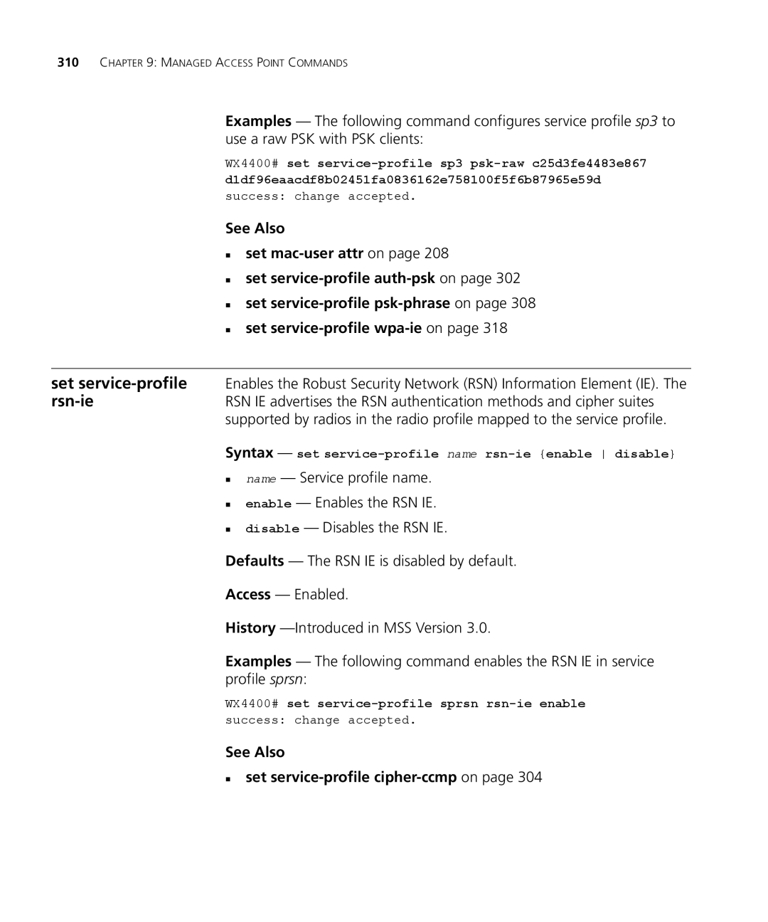 3Com 3CRWX440095A manual See Also „ set service-profilecipher-ccmpon, Syntax set service-profile name rsn-ie enable disable 