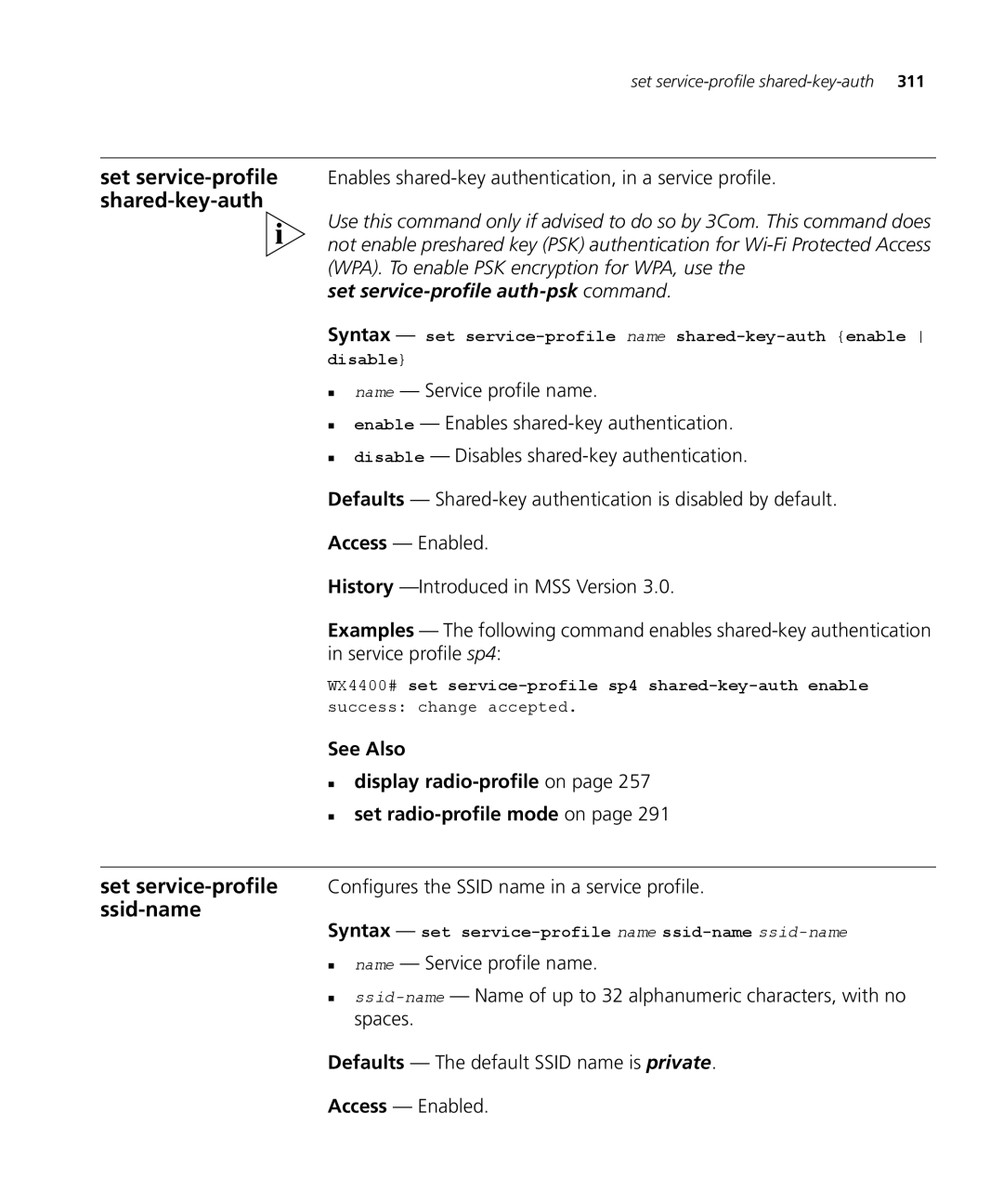 3Com 3CRWX120695A, 3CRWX440095A Set service-profile auth-psk command, Syntax set service-profile name ssid-name ssid-name 