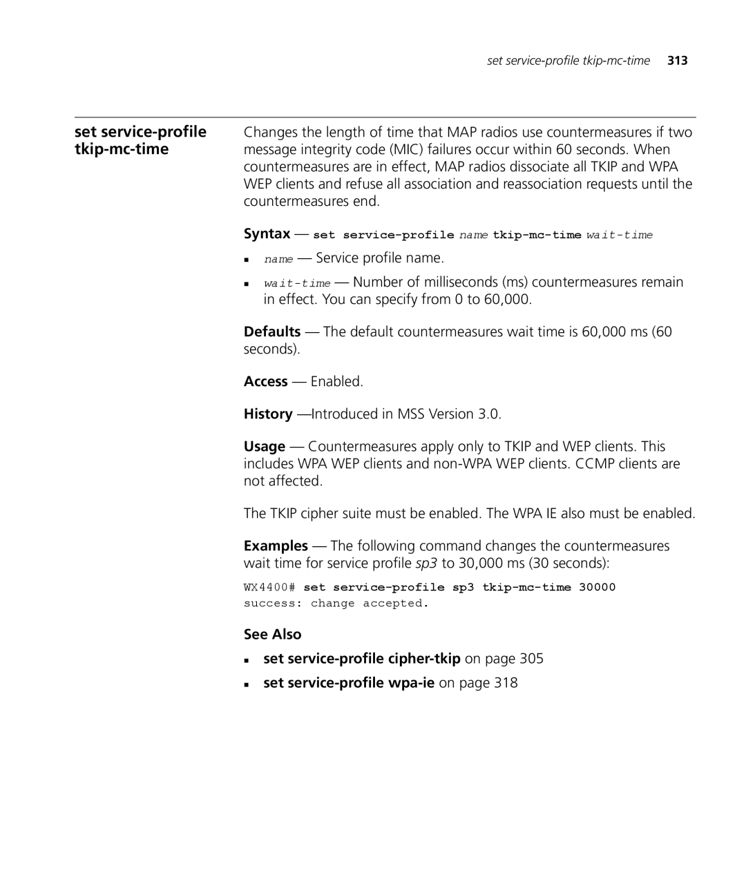 3Com 3CRWX120695A, 3CRWX440095A manual Syntax set service-profile name tkip-mc-time wait-time 
