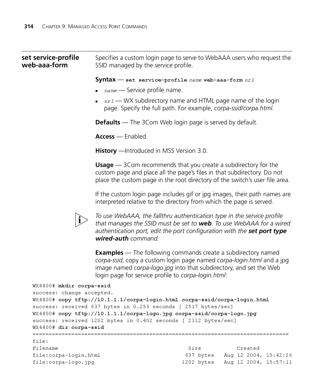 3Com 3CRWX440095A Web-aaa-form, Ssid managed by the service profile, Syntax set service-profile name web-aaa-form url 