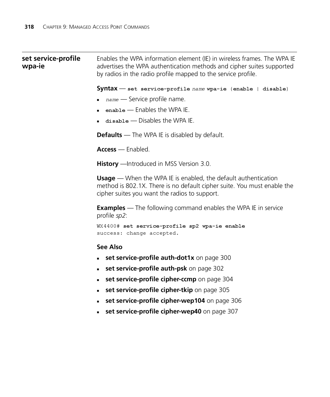 3Com 3CRWX440095A, 3CRWX120695A manual Syntax set service-profile name wpa-ie enable disable 