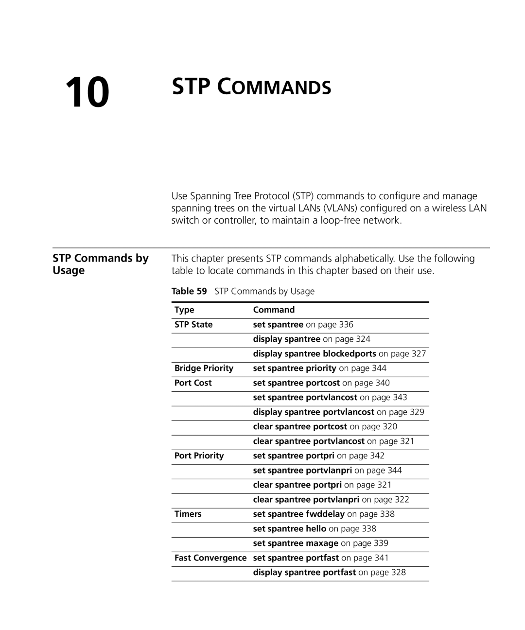 3Com 3CRWX120695A, 3CRWX440095A Table to locate commands in this chapter based on their use, STP Commands by Usage 