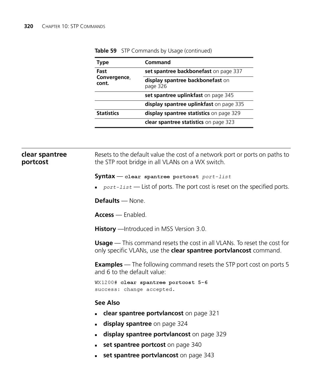 3Com 3CRWX440095A, 3CRWX120695A manual Clear spantree, Portcost, STP root bridge in all VLANs on a WX switch 