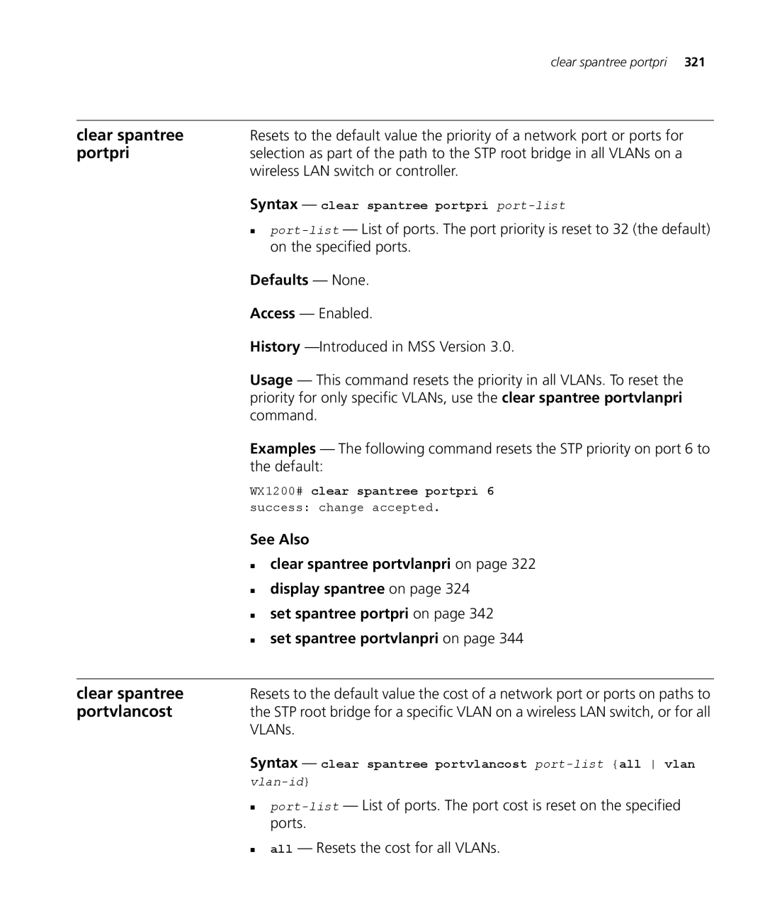 3Com 3CRWX120695A, 3CRWX440095A manual Portpri, Portvlancost, „ clear spantree portvlanpri on, „ set spantree portpri on 