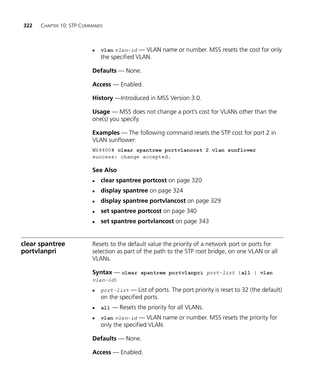 3Com 3CRWX440095A, 3CRWX120695A manual Portvlanpri, „ clear spantree portcost on 