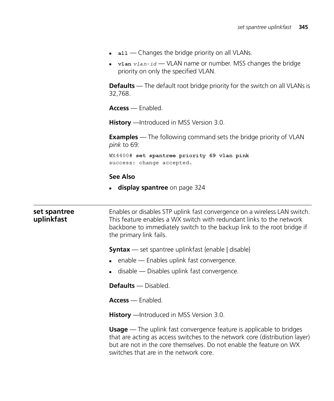 3Com 3CRWX120695A manual Uplinkfast, 32,768, Pink to, Primary link fails, WX4400# set spantree priority 69 vlan pink 