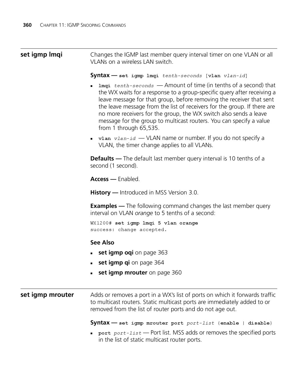 3Com 3CRWX440095A, 3CRWX120695A manual Set igmp lmqi, VLANs on a wireless LAN switch, From 1 through 65,535 