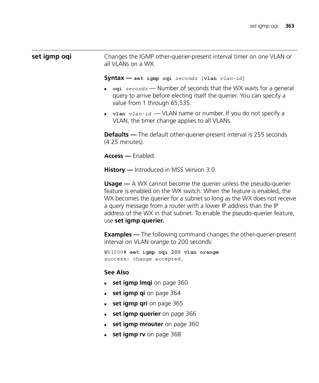 3Com 3CRWX120695A, 3CRWX440095A manual Set igmp oqi, All VLANs on a WX, Syntax set igmp oqi seconds vlan vlan-id 