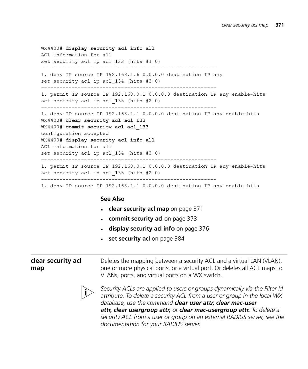 3Com 3CRWX120695A, 3CRWX440095A manual Clear security acl map 